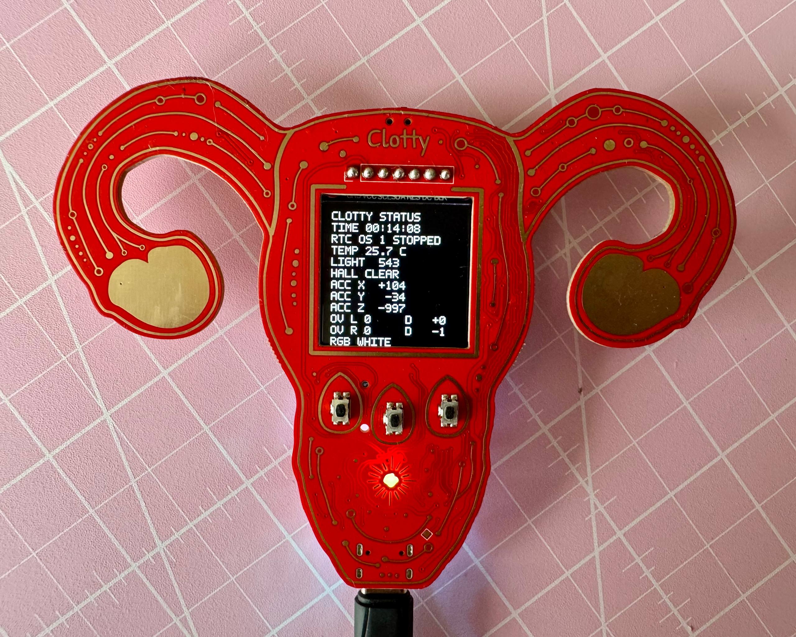 Clotty displaying live diagnostic data from its onboard sensors