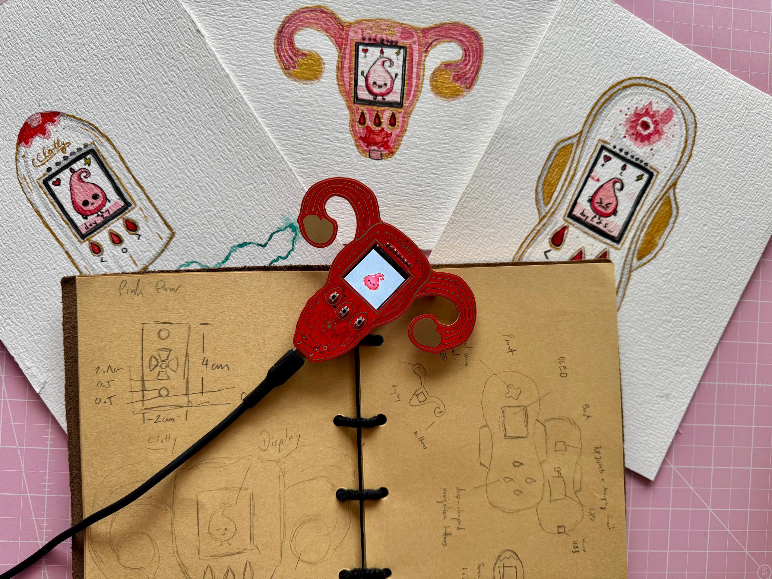 Clotty concept drawings showing different ideas for the shape of the device