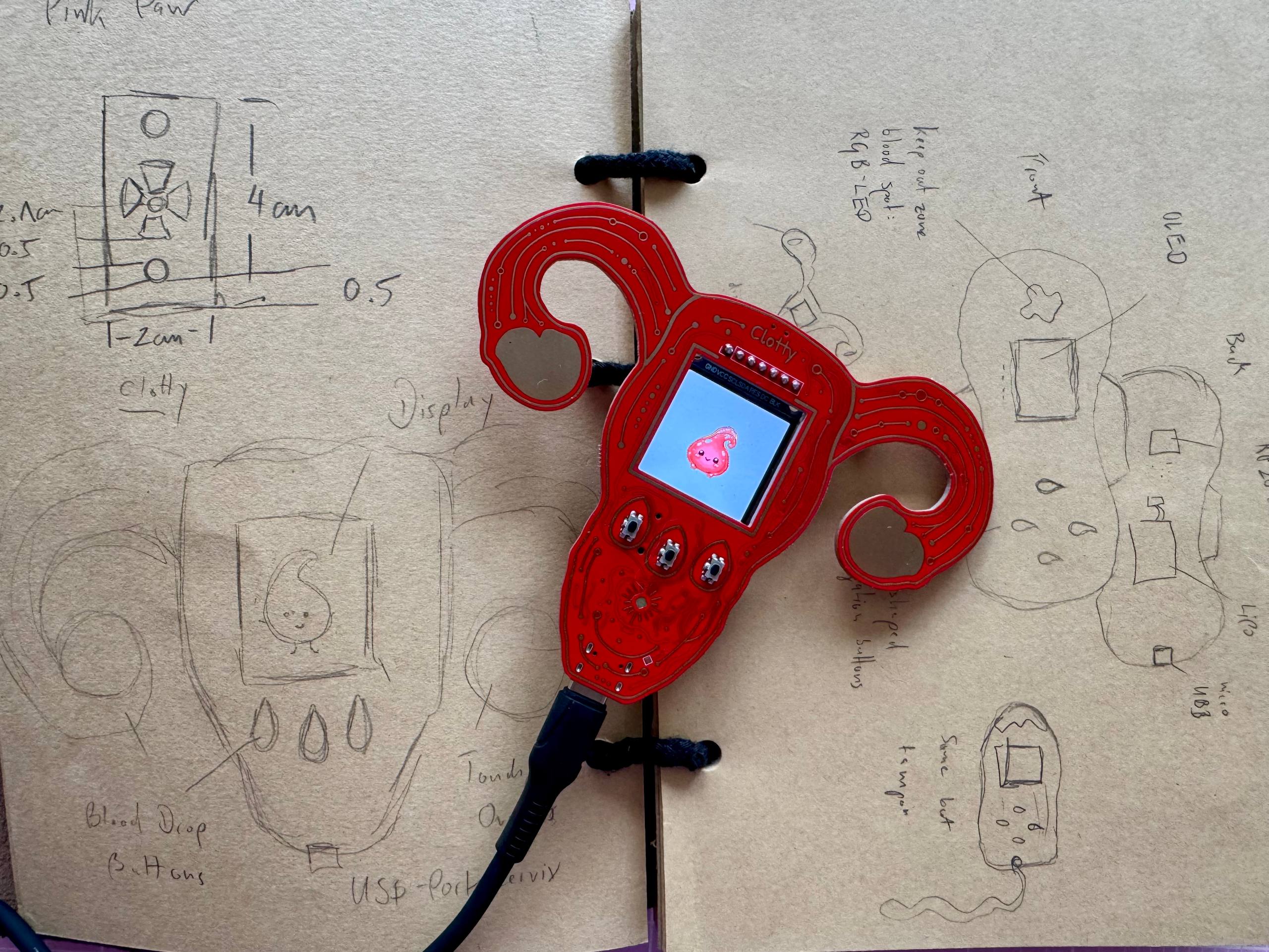 Early Clotty design sketches with the finished uterus-shaped PCB