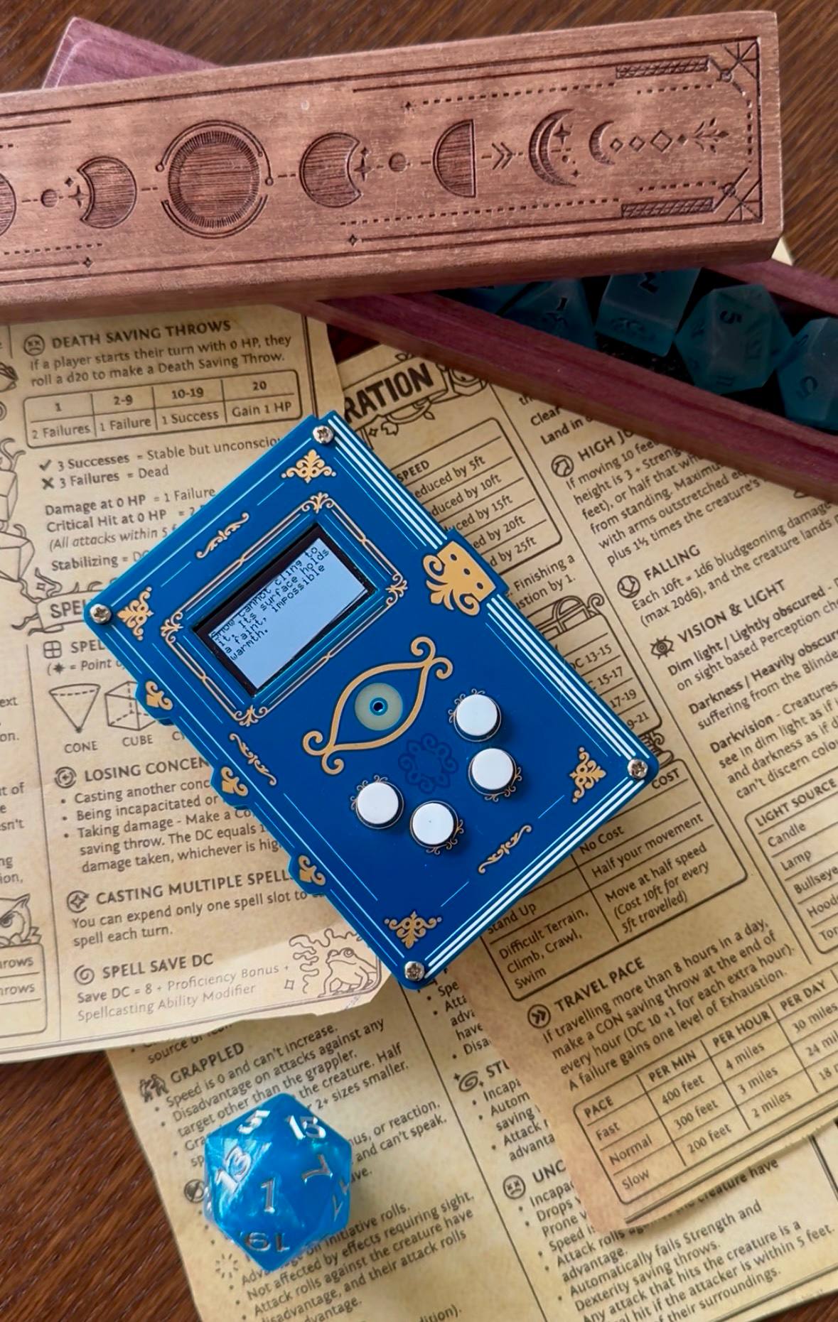 The Spell Tome lying on a DnD character sheet beside a d20 and dice box