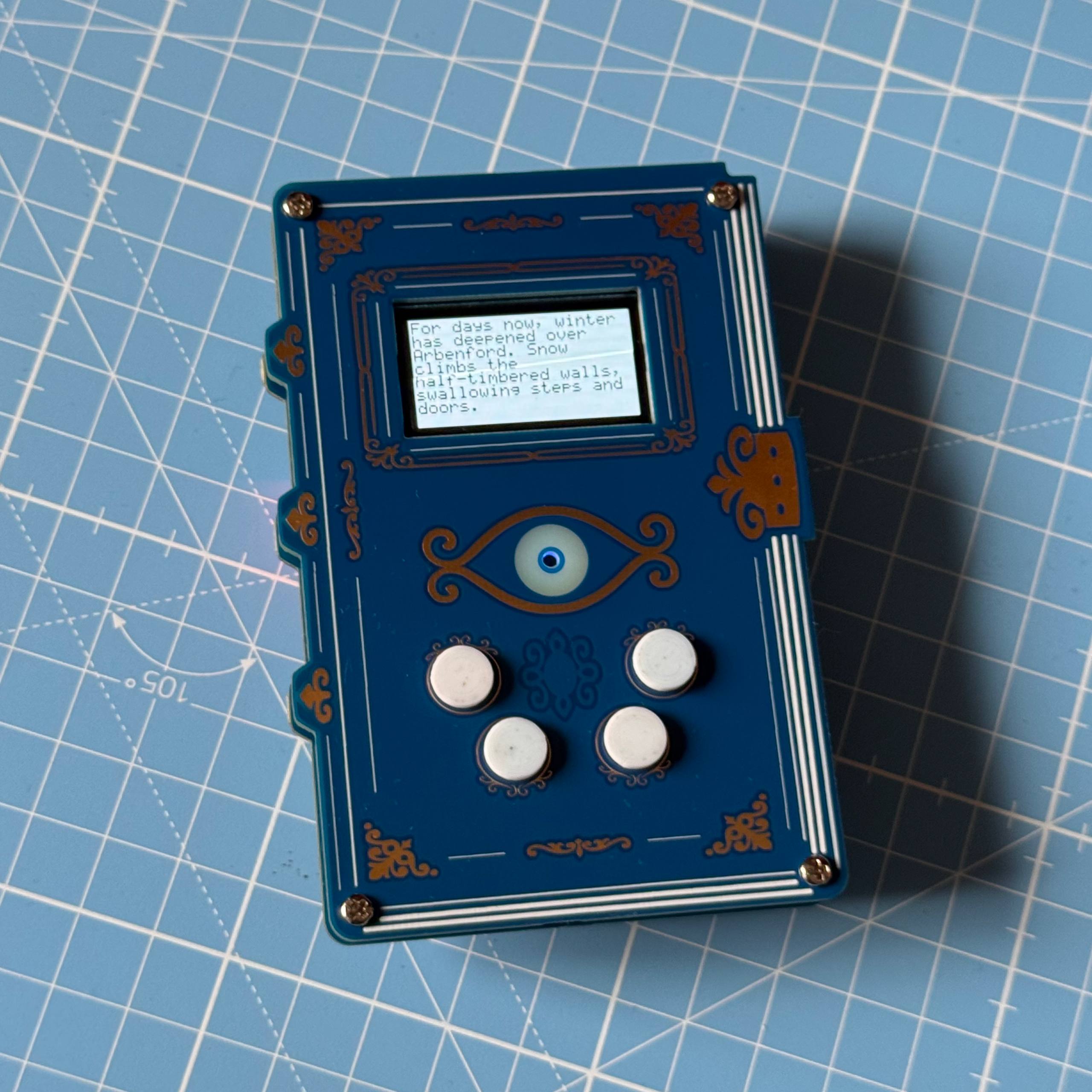 The Spell Tome displaying a scene from its custom text adventure